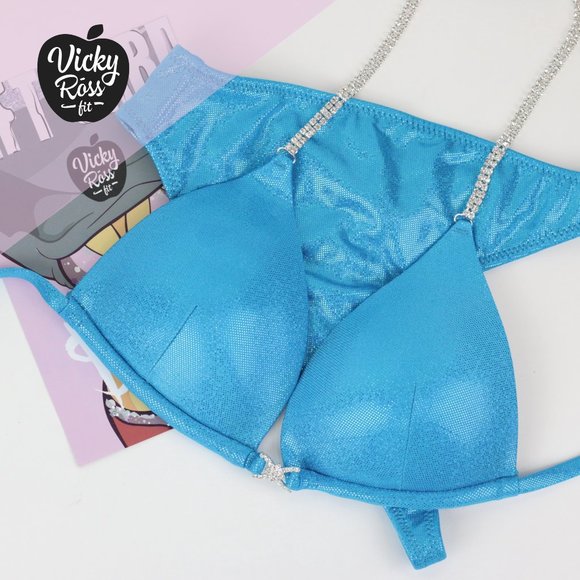 Turquoise Plain Bodybuilding Posing Bikini Suit